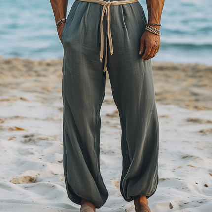 Men's Jumpsuit | Summer Fashion | Hawaiian Style | Cotton Linen Blend | Deep V-Neck | Wooden Buckle Detail | Elastic Leg Openings | Beach Vacation | Casual Outing | Breathable Comfortable One-Piece