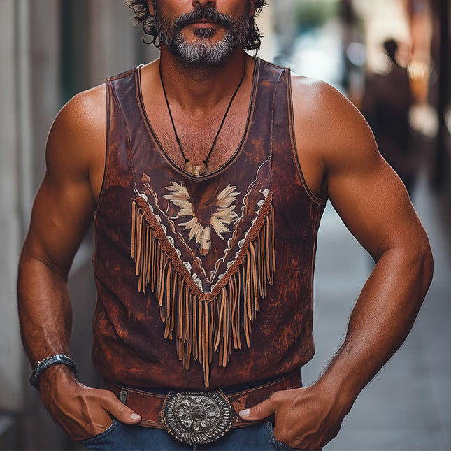 Men's Tank Top | Summer Retro Printed | Tassel Stitching | Sleeveless Bohemian Style | Cotton Polyester Blend | Festival Beachwear | Lightweight Breathable | Sizes S-3XL