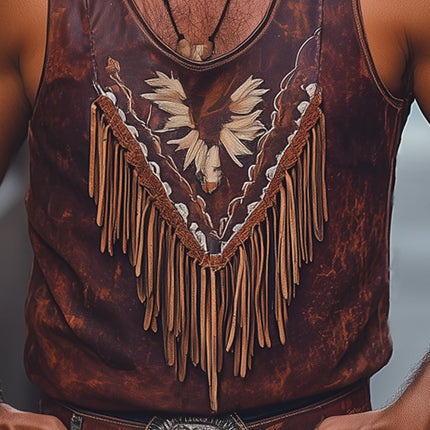Men's Tank Top | Summer Retro Printed | Tassel Stitching | Sleeveless Bohemian Style | Cotton Polyester Blend | Festival Beachwear | Lightweight Breathable | Sizes S-3XL