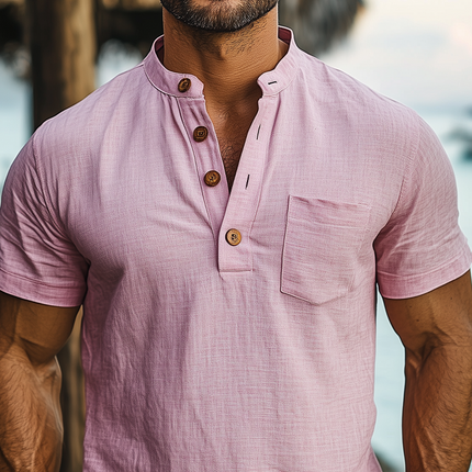 Men's Hawaiian Ramie Henley Collar T-Shirt | Short Sleeve | Casual Vacation Style | Summer Fashion | Breathable & Lightweight | Tropical Print | Versatile Styling | Beach & Outdoor | Easy Fit