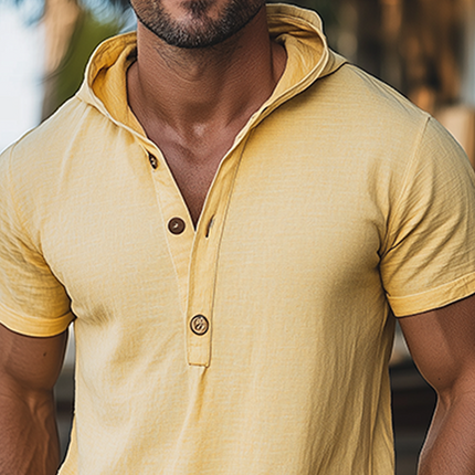 Men's Slim Fit Hooded Hawaiian T-Shirt | Lightweight Ramie Fabric | Summer Casual Style | Short Sleeve | Tropical Beachwear | Breathable & Comfortable | Versatile Vacation Top