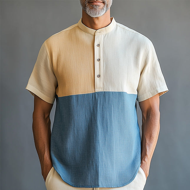 Men's Summer Short Sleeve Shirt | Morandi Splicing Linen Blend | Lightweight & Breathable | Casual Fashion | Sophisticated Color Palette | Versatile Men's Clothing | Warm Weather Comfort