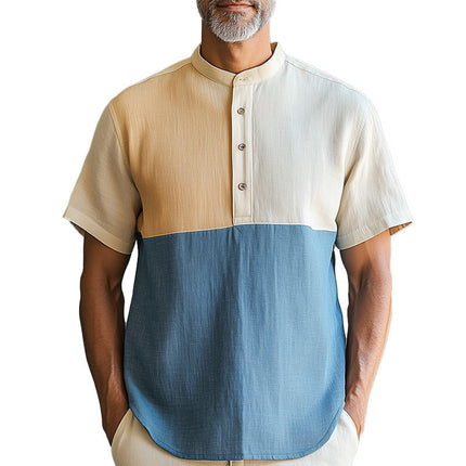 Men's Summer Short Sleeve Shirt | Morandi Splicing Linen Blend | Lightweight & Breathable | Casual Fashion | Sophisticated Color Palette | Versatile Men's Clothing | Warm Weather Comfort