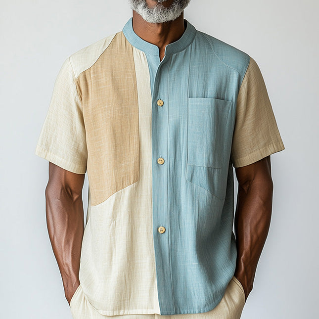 Men's Colorblock Linen Blend Shirt | Summer Fashion Short Sleeve | Casual Button-Down | Breathable & Stylish | Relaxed Fit | Versatile for Casual Occasions