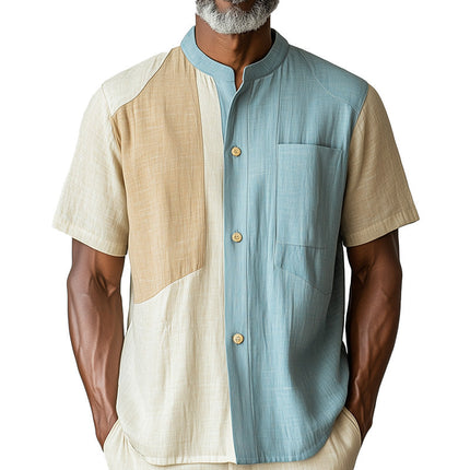Men's Colorblock Linen Blend Shirt | Summer Fashion Short Sleeve | Casual Button-Down | Breathable & Stylish | Relaxed Fit | Versatile for Casual Occasions