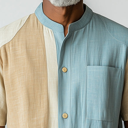 Men's Colorblock Linen Blend Shirt | Summer Fashion Short Sleeve | Casual Button-Down | Breathable & Stylish | Relaxed Fit | Versatile for Casual Occasions
