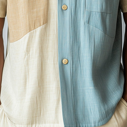 Men's Colorblock Linen Blend Shirt | Summer Fashion Short Sleeve | Casual Button-Down | Breathable & Stylish | Relaxed Fit | Versatile for Casual Occasions