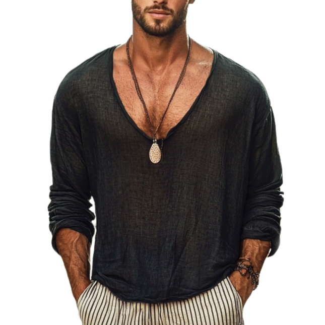 Men's Breathable Cotton Linen Long Sleeve T-Shirt | U-Neck | Loose Fit | Casual Comfort | Versatile Layering | Premium Fabric | Easy Care | Multiple Sizes Available