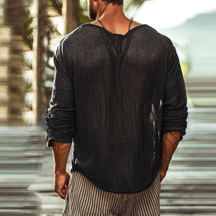Men's Breathable Cotton Linen Long Sleeve T-Shirt | U-Neck | Loose Fit | Casual Comfort | Versatile Layering | Premium Fabric | Easy Care | Multiple Sizes Available