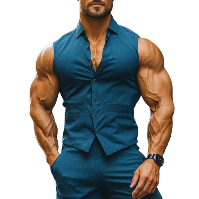 Men's Summer Lapel Sleeveless Shirt | Cotton Linen Blend | Breathable Casual Slim Fit | Button-Down | Lightweight Comfortable Top | Easy Care | Stylish for Beach or Casual Outings