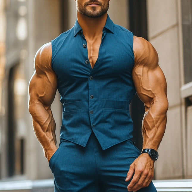 Men's Summer Lapel Sleeveless Shirt | Cotton Linen Blend | Breathable Casual Slim Fit | Button-Down | Lightweight Comfortable Top | Easy Care | Stylish for Beach or Casual Outings