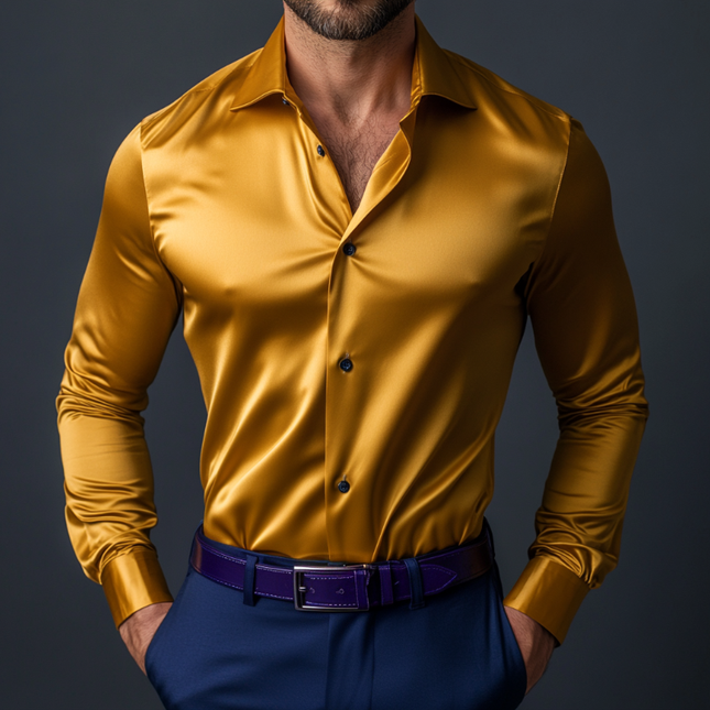 Men's Vintage Slim Fit Satin Shirt | Satin Lapel | Single Breasted | Long Sleeve | Classic Design | Luxurious Satin Finish | Formal and Stylish Casual Shirt | Tailored Elegance