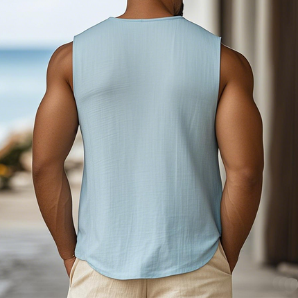 Men's Summer Hawaiian Shirt | Vacation Style Ramie Henley Collar | Wooden Button | Breathable & Lightweight | Versatile Casual Tank Top