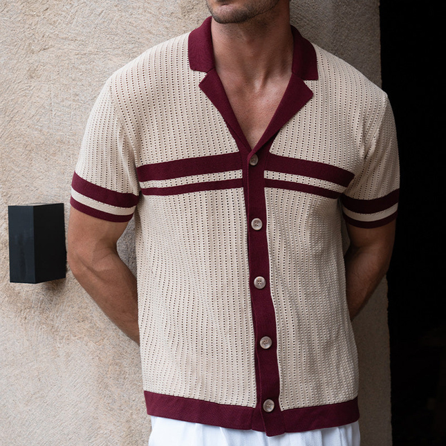 Men's Retro Contrast Color Lapel Knitted Shirt | Slim Fit | Short Sleeve | Single Breasted | Vintage Style | Breathable Cotton Blend | Trendy Men's Top for Casual & Semi-Formal Outings