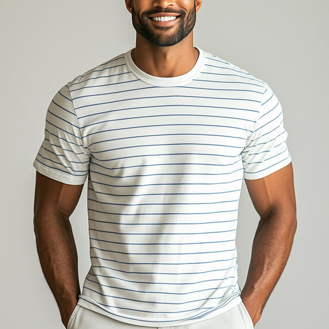 Men's Striped Print T-shirt | Short Sleeve Summer Top | Casual Sports Tee | Fashionable & Breathable Fabric | Versatile Style for Jeans & Shorts