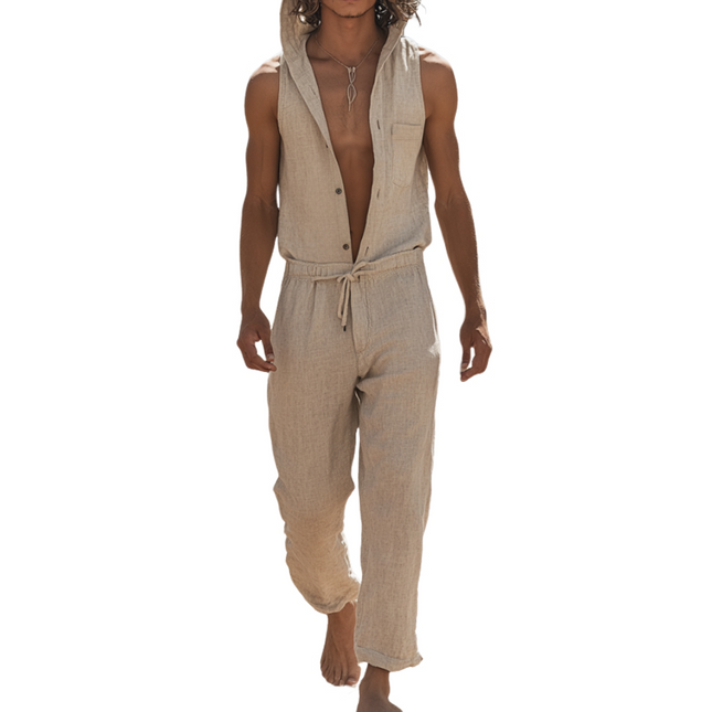 Men's Hooded Cotton Linen Jumpsuit | Breathable Sleeveless Slim Fit | Casual Single-Breasted Design | Stylish Summer One Piece