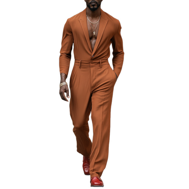 Men's Slim Fit Jumpsuit | Cotton Linen Blend | Breathable Long Sleeve | Peaked Lapel | Casual to Semi-Formal | Comfort and Style | Functional Pockets | Versatile Styling Options | Easy Care | Multiple Sizes