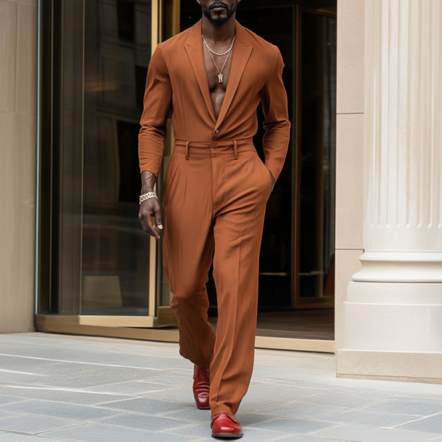 Men's Slim Fit Jumpsuit | Cotton Linen Blend | Breathable Long Sleeve | Peaked Lapel | Casual to Semi-Formal | Comfort and Style | Functional Pockets | Versatile Styling Options | Easy Care | Multiple Sizes