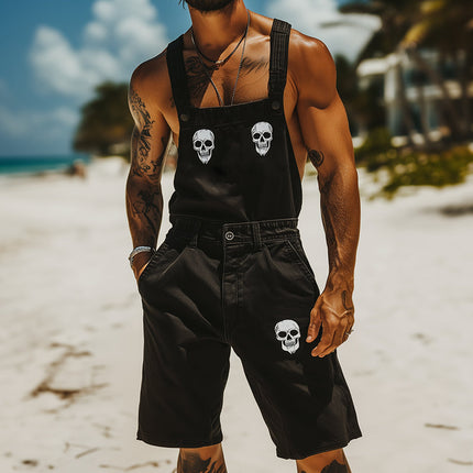 Men's Skull Print Denim Bib Shorts | Retro Casual Style | Adjustable Straps | High-Quality Denim | Relaxed Fit | Perfect for Music Festivals, Beach Trips, Casual Outings | Ideal for Spring & Summer
