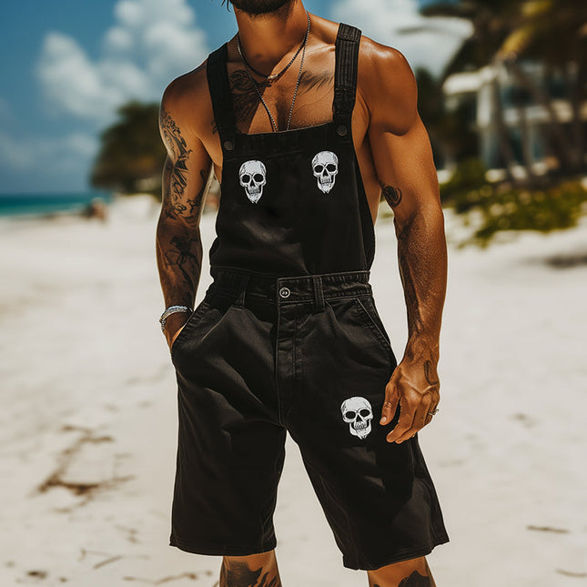 Men's Skull Print Denim Bib Shorts | Retro Casual Style | Adjustable Straps | High-Quality Denim | Relaxed Fit | Perfect for Music Festivals, Beach Trips, Casual Outings | Ideal for Spring & Summer