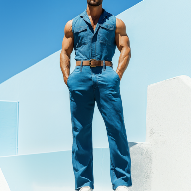 Men's Sleeveless Slim Fit Jumpsuit | Washed Cotton | Lapel Flap Pocket | Casual Fashion | Breathable Fabric | Warm Weather Style | Multiple Sizes | Easy Care | Versatile Colors | Perfect for Beach Outings