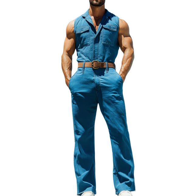 Men's Sleeveless Slim Fit Jumpsuit | Washed Cotton | Lapel Flap Pocket | Casual Fashion | Breathable Fabric | Warm Weather Style | Multiple Sizes | Easy Care | Versatile Colors | Perfect for Beach Outings