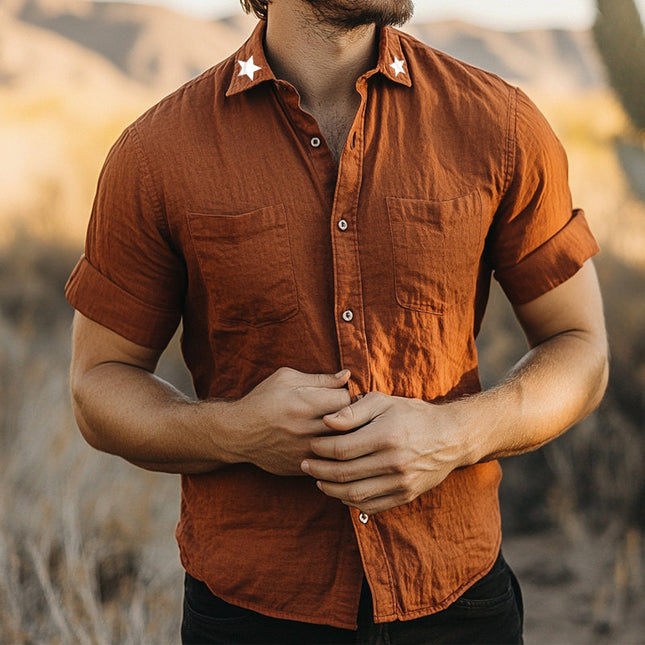 Men's Retro Washed Linen Shirt | Star Lapel | Short Sleeve | Lightweight & Breathable | Unique Star Pattern | Vintage Style | Casual & Semi-Formal | Multiple Sizes | Ideal for Summer | Versatile Men's Top