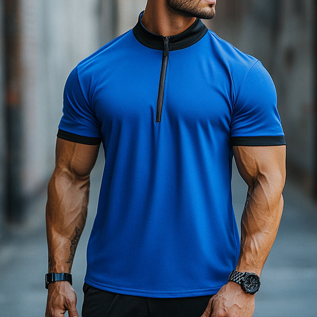 Men's Retro T-Shirt | Cotton Colorblock | Zipper Stand Collar | Short Sleeve | Casual Top | Breathable Summer Shirt | Versatile Casual Wear | Soft Comfortable Fabric | Stylish Everyday Tee