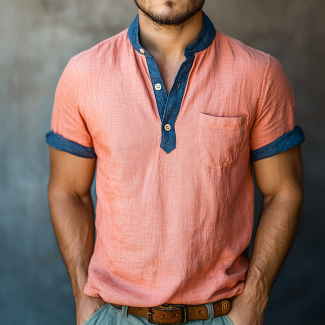 Men's Retro Short Sleeve Shirt | Washed Linen Colorblock | Henley Collar | Casual Summer Top | Vintage Style | Lightweight & Breathable | Sizes S-3XL | Ideal for Spring & Summer