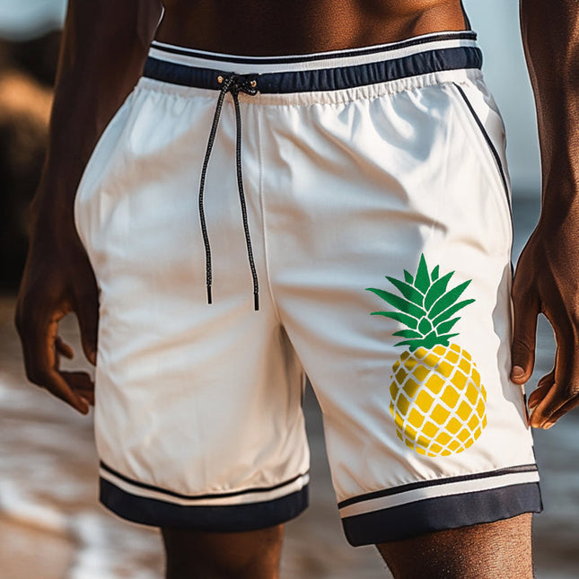 Men's Hawaiian Pineapple Print Beach Shorts | Retro Casual Style | Drawstring Waist | Breathable Cotton Polyester | Quick-Dry Fabric | Ideal for Summer Outings | Available S-3XL