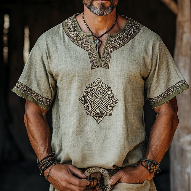 Men's Linen Short Sleeve Shirt | Collarless | Viking Totem Print | Retro Casual Style | Breathable | Versatile Fit S-3XL | Spring Summer | Casual Outings | Comfortable | Durable Fabric
