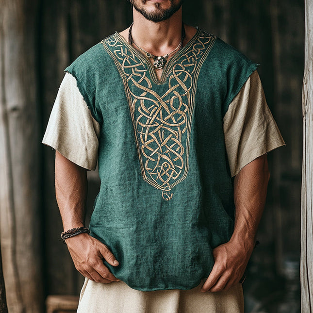 Men's Linen Short Sleeve Shirt | Viking Totem Retro Casual Design | Collarless Breathable Material | Summer Comfortable Top | Classic Minimalist Style | Perfect for Casual Outings & Festivals