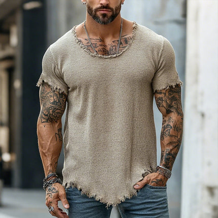 Men's Retro T-Shirt | Casual Raw Edge Ripped | Round Neck | Short Sleeve | Vintage Style | Soft Cotton Blend | Breathable | Versatile Fit | Multiple Sizes | Ideal for Everyday Wear | Spring Summer Fashion