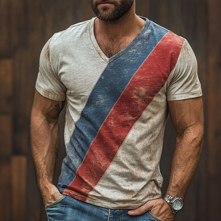 Men's Retro V-Neck T-Shirt | Casual Striped Short Sleeve | Shabby Chic | Breathable Cotton Blend | Comfortable Fit | Spring Summer Wear | Perfect for Casual Outings