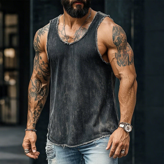 Men's Vintage Washed Denim Tank Top | Sleeveless Casual Distressed Style | Round Neck | Breathable Comfortable Fit | Versatile Summer Shirt | Durable Fashion for Outdoor Relaxation | S-3XL