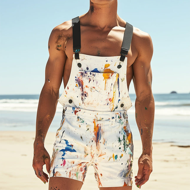 Men's Retro Colorful Printed Bib Shorts | Vintage Style | Breathable Fabric | Adjustable Waist | Lightweight & Moisture-Wicking | Casual & Outdoor Activities | S-3XL