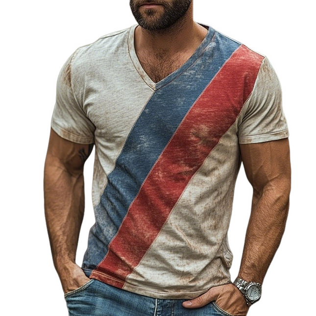 Men's Retro V-Neck T-Shirt | Casual Striped Short Sleeve | Shabby Chic | Breathable Cotton Blend | Comfortable Fit | Spring Summer Wear | Perfect for Casual Outings