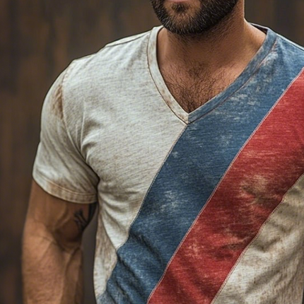 Men's Retro V-Neck T-Shirt | Casual Striped Short Sleeve | Shabby Chic | Breathable Cotton Blend | Comfortable Fit | Spring Summer Wear | Perfect for Casual Outings