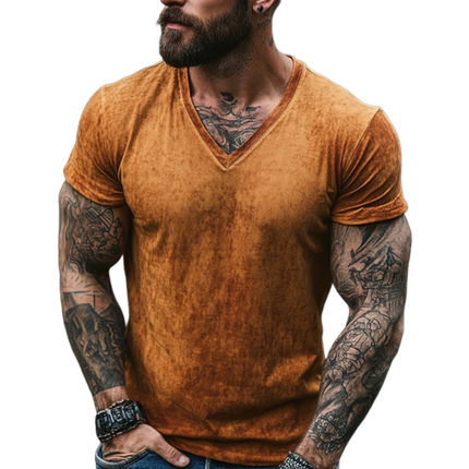 Men's Vintage Style Printed V-Neck Short Sleeve Cotton Blend T-Shirt | Retro Casual Fit | Lightweight & Breathable | Versatile Wardrobe Essential