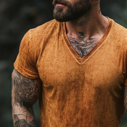 Men's Vintage Style Printed V-Neck Short Sleeve Cotton Blend T-Shirt | Retro Casual Fit | Lightweight & Breathable | Versatile Wardrobe Essential