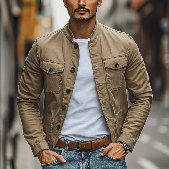 Men's Slim Fit Jacket | Washed Cotton Stand Collar | Single Breasted Outerwear | Casual & Semi-Formal | Comfortable Vintage Style | Functional Front Pockets | Easy Care | Versatile Colors | Multiple Sizes
