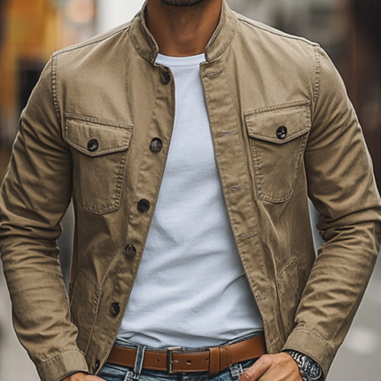 Men's Slim Fit Jacket | Washed Cotton Stand Collar | Single Breasted Outerwear | Casual & Semi-Formal | Comfortable Vintage Style | Functional Front Pockets | Easy Care | Versatile Colors | Multiple Sizes