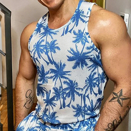 Men's Tropical Coconut Print Two-Piece Set | Mesh Tank Top & Shorts | Retro Crew Neck | Casual Summer Outfit | Elastic Waist | Breathable Activewear | Perfect for Beach & Pool Parties