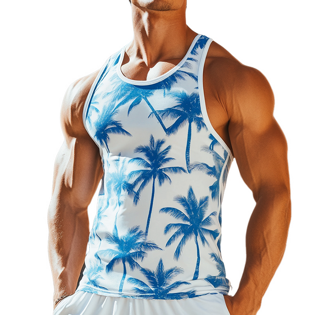 Men's Sleeveless Tank Top | Retro Coconut Tree Print | Crew Neck | Casual Summer Beachwear | Soft Cotton Polyester Blend | Lightweight & Breathable | Relaxed Fit | Sizes S to 3XL