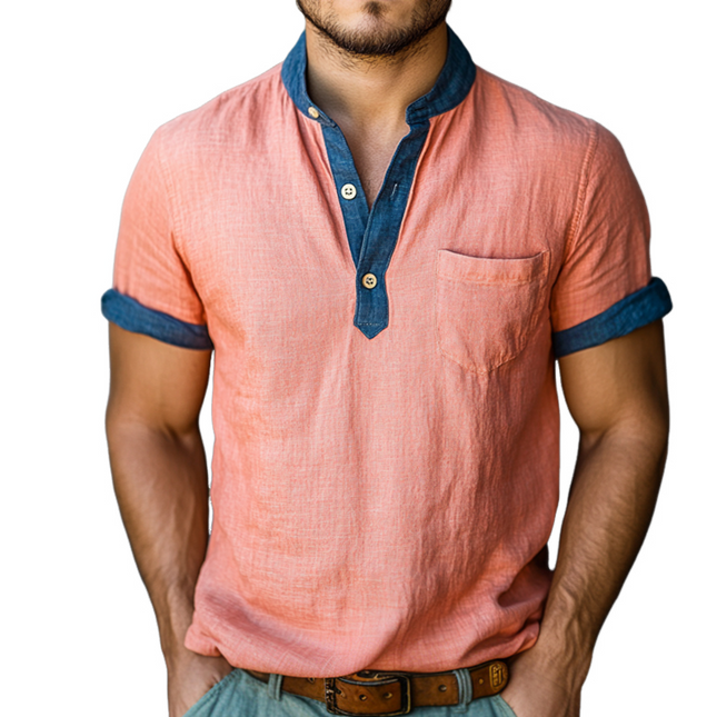 Men's Retro Short Sleeve Shirt | Washed Linen Colorblock | Henley Collar | Casual Summer Top | Vintage Style | Lightweight & Breathable | Sizes S-3XL | Ideal for Spring & Summer