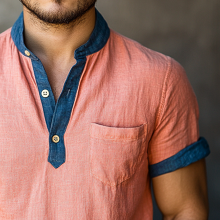 Men's Retro Short Sleeve Shirt | Washed Linen Colorblock | Henley Collar | Casual Summer Top | Vintage Style | Lightweight & Breathable | Sizes S-3XL | Ideal for Spring & Summer