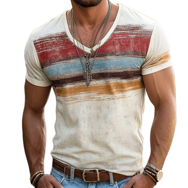Men's Retro V-Neck T-Shirt | Shabby Striped Print | Short Sleeve | Casual Cotton Blend | Comfortable Fit | Breathable Fabric | Variety of Sizes | Perfect for Spring and Summer | Versatile Style