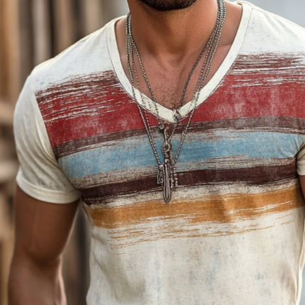 Men's Retro V-Neck T-Shirt | Shabby Striped Print | Short Sleeve | Casual Cotton Blend | Comfortable Fit | Breathable Fabric | Variety of Sizes | Perfect for Spring and Summer | Versatile Style