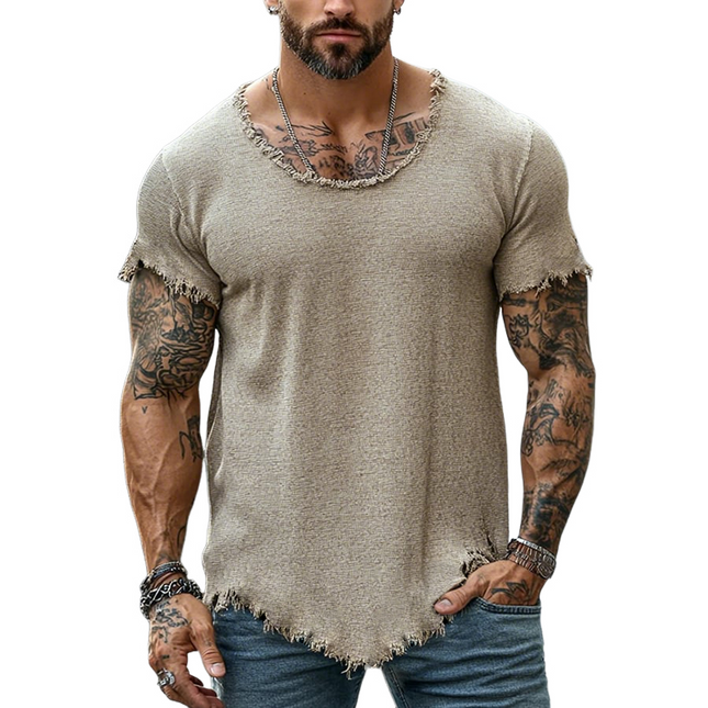 Men's Retro T-Shirt | Casual Raw Edge Ripped | Round Neck | Short Sleeve | Vintage Style | Soft Cotton Blend | Breathable | Versatile Fit | Multiple Sizes | Ideal for Everyday Wear | Spring Summer Fashion