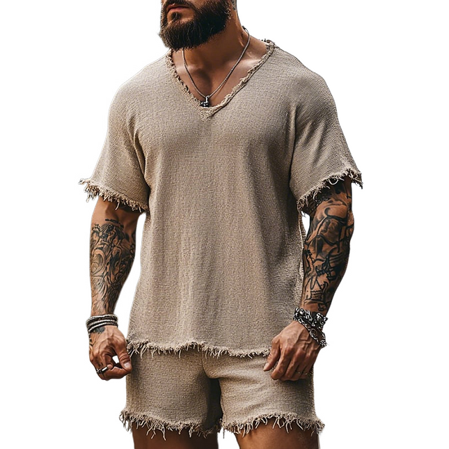 Men's Retro V-Neck T-Shirt Shorts Set | Casual Ripped Two-Piece | Cotton-Blend Fabric | Short Sleeve Top | Elastic Waistband Shorts | Trendy Beachwear | Summer Outfit | Sizes S-3XL
